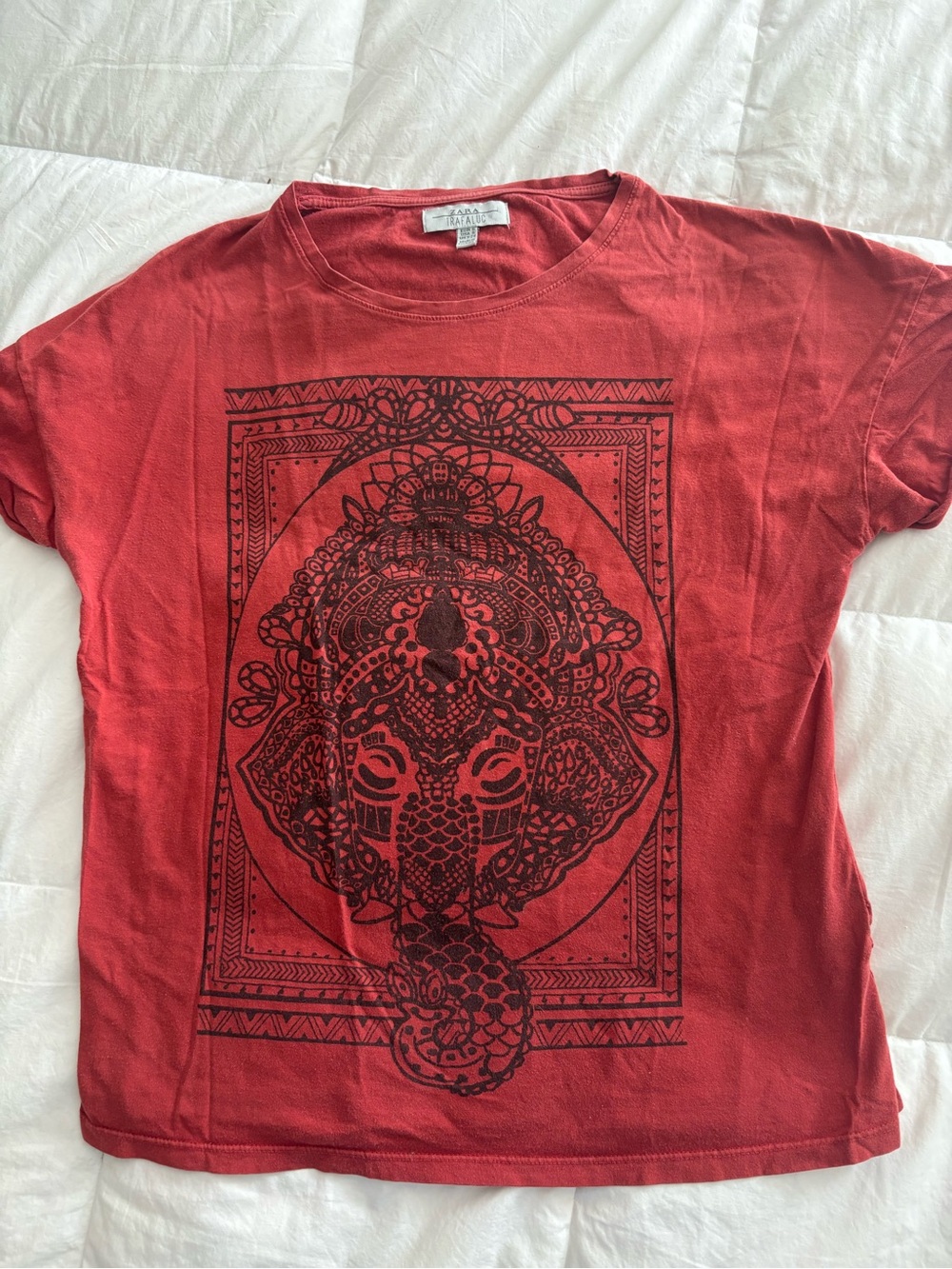 Zara Europe Red Short-Sleeve Tee with Black Ornate Elephant Graphic
